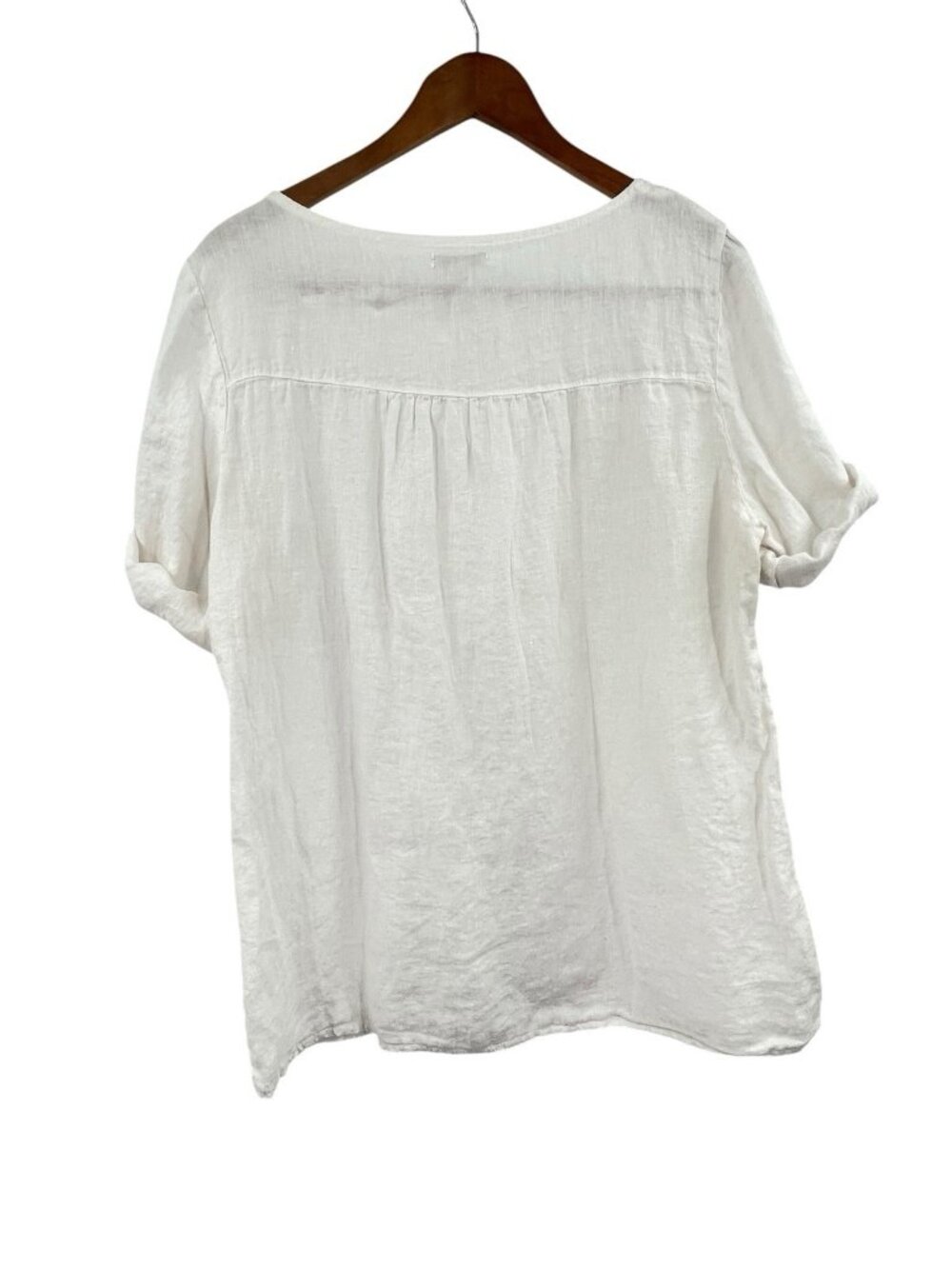 LINA TOMEI Women's White Linen Roll-Tab Short Sleeve Floral Crochet Blouse Large - Picture 6 of 6